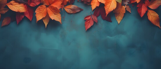 Autumn Leaves on Teal Grunge Background