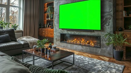 A mockup of a TV with a green screen above a fireplace in a stylish modern living room