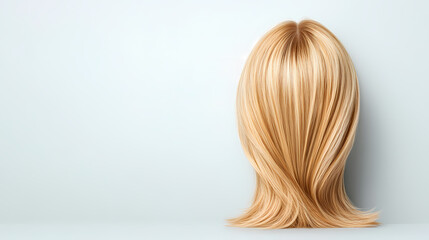 Naklejka premium A blonde wig with a long, curly tail. The wig is styled to look like a woman's hair, but it is not a real person. The image is a stylized representation of a wig