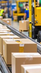 Efficient distribution process with packages moving along conveyor belts in a busy warehouse