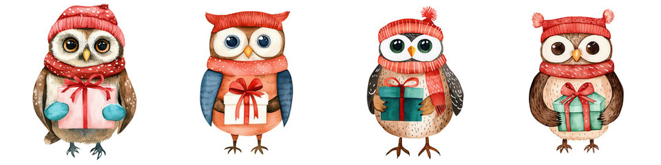 Four cute owls in winter attire, isolated on white background.