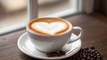 Fototapeta premium Latte mit Herzmuster in einer Tasse – Genussvoller Kaffeegenuss