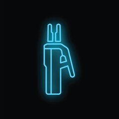 Blue neon icon of a welding machine glowing brightly on a black background