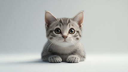 A cute gray tabby kitten looks curiously while sitting on a light gray background