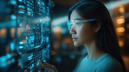 Naklejka premium People Using VR Headsets with Futuristic Digital Holograms