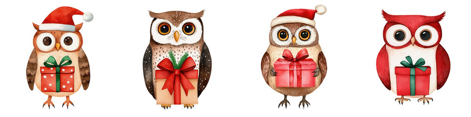Fototapeta premium Four festive owls wearing Santa hats and holding gift boxes on a white isolated background.