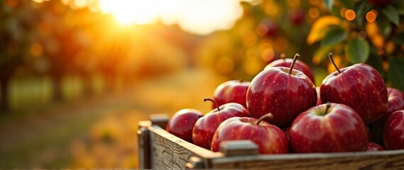 Fresh Red Apples in Wooden Crate with Calm Mood at Sunset Orchard with Copy Space