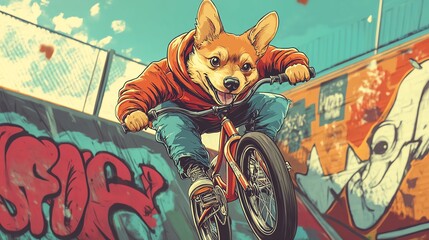 Cartoon dog riding a BMX bike, performing tricks in a skatepark, dynamic and fun illustration