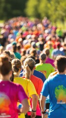 Brightly colored runners participate in a lively charity race through a scenic park