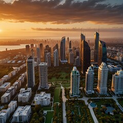 A breathtaking aerial shot showcasing a panoramic view of a modern city at sunrise, with the glow of the tall buildings reflecting the colors of dawn