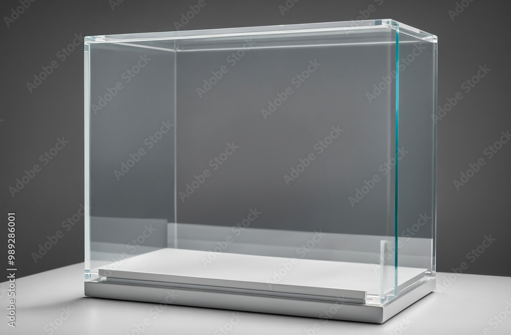 Poster floating transparent display case on a clean white surface