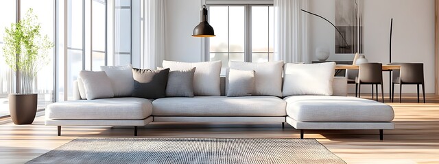 Comfortable and Sophisticated Contemporary Living Space with Minimalist Furnishings and Refined Ambiance Featuring Natural Light and Stylish Color Accents