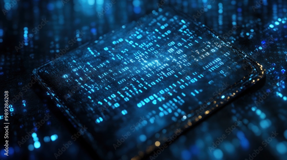 Poster abstract digital representation: binary code glowing on a sleek, futuristic chip, symbolizing the es