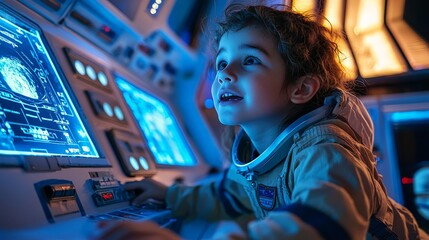 Obraz premium A child pretending to lead a tour on a pretend space vacation, describing the wonders of zero gravity,