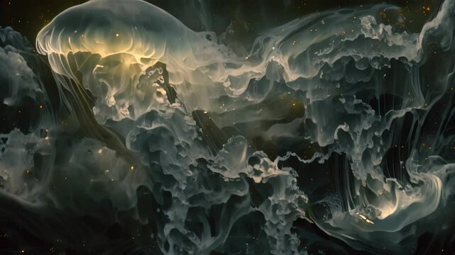A close-up videograph of bioluminescent jellyfish swimming in a dark sea, An ethereal depiction of bioluminescent jellyfish drifting through the dark depths of the ocean