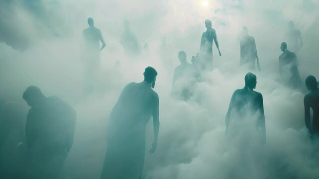 Figures float weightlessly through a misty, ethereal realm, An ethereal scene of figures floating weightlessly in the water