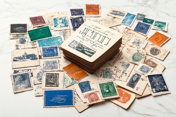 A collection of vintage postcards and travel stamps, evoking memories of old-world adventures and long-forgotten trips