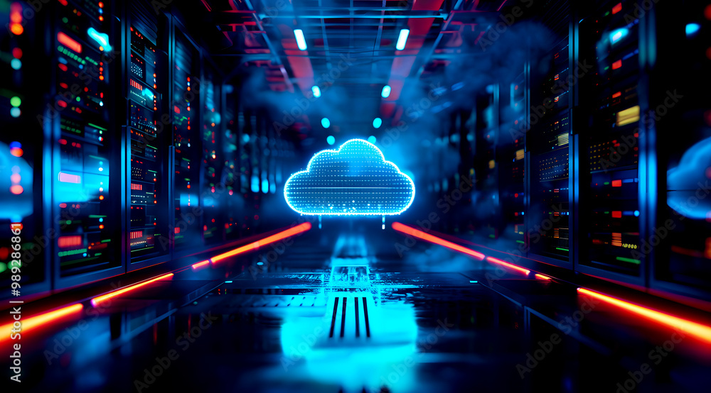 Poster digital cloud technology illuminates a data center at night. generative by ai