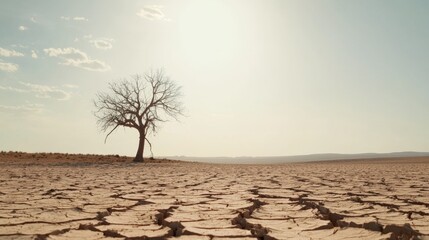 A solitary tree stands amidst the cracked earth under the bright sun in a desolate landscape