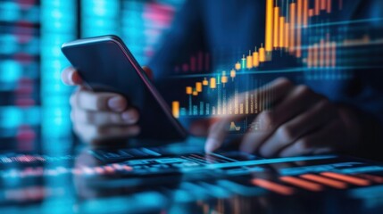 Businessman using a smartphone for mobile banking transactions, with blockchain and digital wallet technology securing global financial payments.