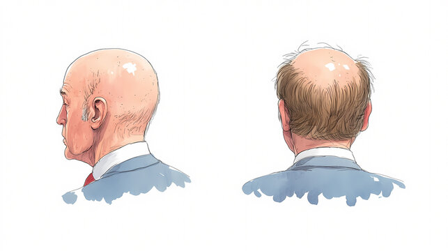 A man with a bald head is shown in two different positions. The first image shows the man with a full head of hair, while the second image shows the man with a bald head