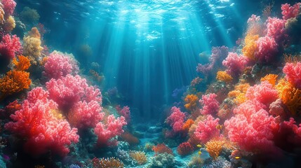 Naklejka premium vibrant underwater seascape teeming with bioluminescent coral reefs exotic fish dart through swaying sea fans while shafts of sunlight pierce the crystalclear turquoise waters