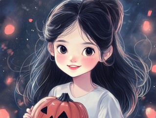 Cute Anime Girl in Witch Costume Holding Pumpkin