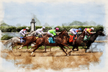 Digital watercolor painting of five Thoroughbred horses racing past the finish line on a dirt track at Churchill Downs © Lux