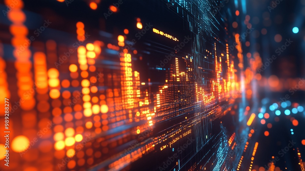 Poster Abstract digital visualization featuring glowing patterns and data lines in a dynamic urban environment