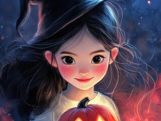 Playful Girl in Witch Hat with Pumpkin Art