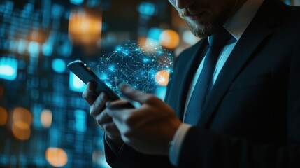 Corporate executive completing an online transaction via smartphone, using digital wallet and blockchain for secure mobile banking and financial services.