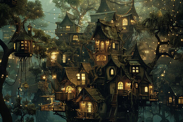 Obraz premium Beautiful creative handmade tree house. Fairy house in the woods. Fantasy tree house.