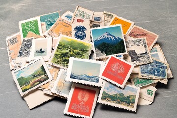 A collection of vintage postcards and travel stamps, evoking memories of old-world adventures and long-forgotten trips