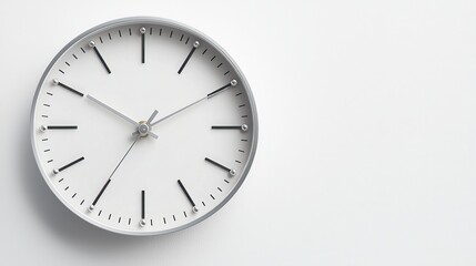Minimalist Silver Round Wall Clock on White Background, Clean and Timeless Interior Decor, Simple Elegant Design for Product Photography or Time Concept, Clock Face with Silver Bezel