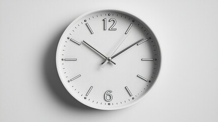 Elegant White Analog Clock Closeup on White Background, Minimalist Symmetry in Silver and Black, Time Management Concept for Luxury Decor or Time-Related Designs