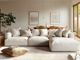Cozy and inviting modern living room with a large comfortable sectional sofa minimalist and stylish decor plush textured furnishings warm wooden accents