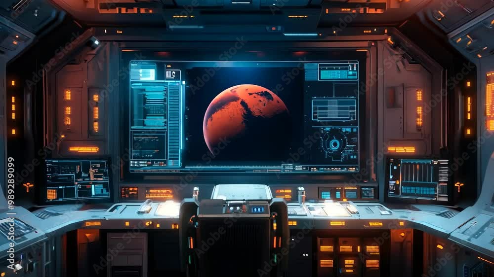 Poster a futuristic space station with a large monitor showing a red planet. the room is filled with comput