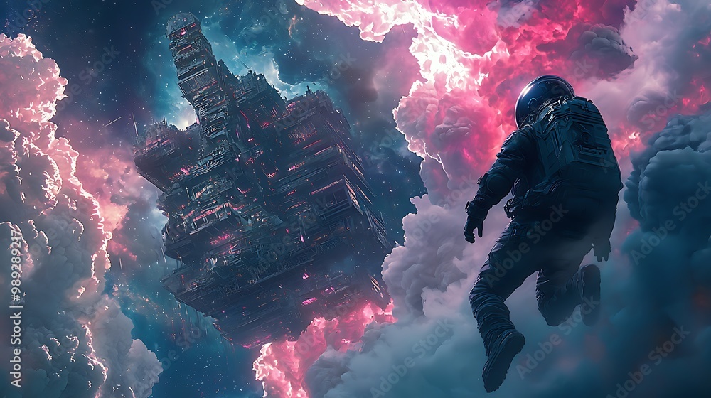 Poster celestial encounter: astronaut admiring nebula temple space station in deep space exploration concep