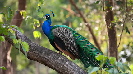 agraffe sitting on a tree branch with its tail spread, looking majestic in the forest