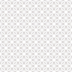 Geometric seamless pattern in gothic style. Vector subtle abstract ornament texture with flower shapes, crosses, circle, lattice, grid, net. Simple gray and white geo background with medieval motifs