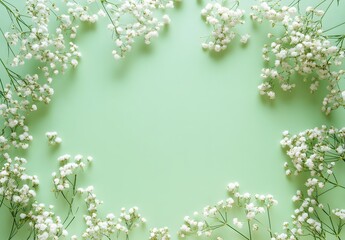 White Baby's Breath Floral Frame on Green Background