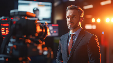 Fototapeta premium A man in a suit and tie stands in front of a camera