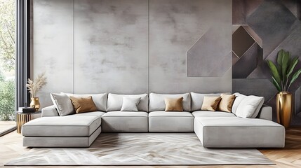 Cozy and Inviting Modern Living Room with a Large Comfortable Sectional Sofa and Minimalist Stylish Decor Featuring Bold Geometric Patterns and Metallic Accents in a Sophisticated Art Deco Aesthetic