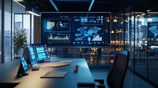 Corporate office space where AI-powered software handles all administrative tasks, holographic dashboards displaying real-time data analytics and performance metrics