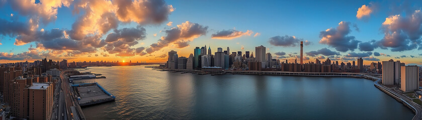 The panorama of New York City is a breathtaking view that combines the majestic skyscrapers of Manhattan, the famous Brooklyn Bridge, the silhouette of the Empire State Building