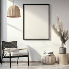 A modern, minimalist interior featuring a black chair, hanging pendant light, and decorative plants against a light wall with a blank frame.