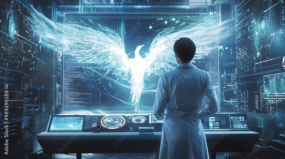 Aufkleber technological alchemy: scientist observing digital phoenix rising from futuristic control panel in h