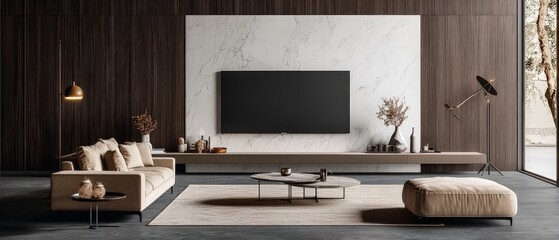 Sophisticated Living Room Interior with Modern TV Wall, Marble Panel, and Tranquil Atmosphere for Home Decor Inspiration