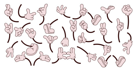Cartoon arm. Mascot hands. Gesture parts. Gloves and shoes. Comic feet walking or standing. Doodle legs position. Pointing finger. Human body different poses. Vector character limbs set
