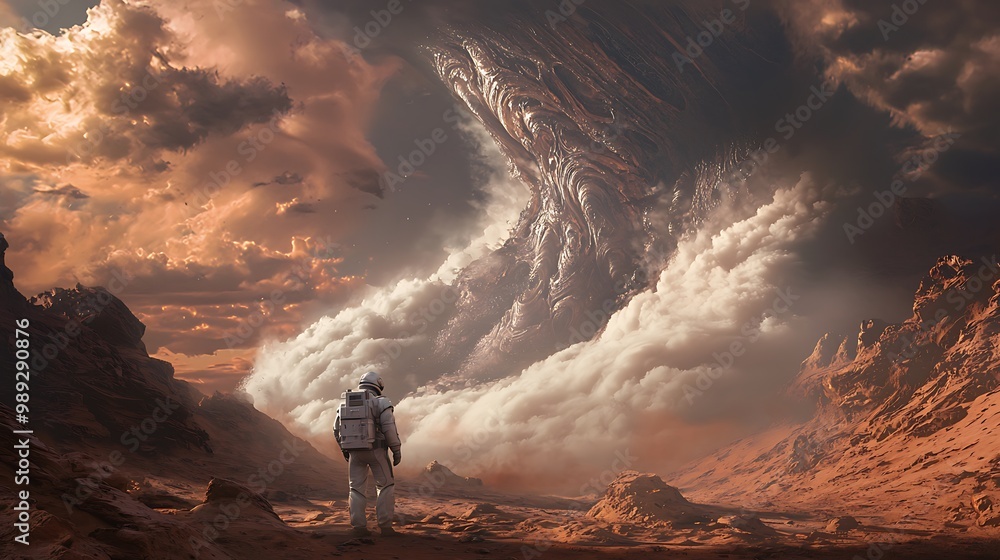 Poster alien architectures: space explorer in awe of massive otherworldly structure rising from dusty atmos